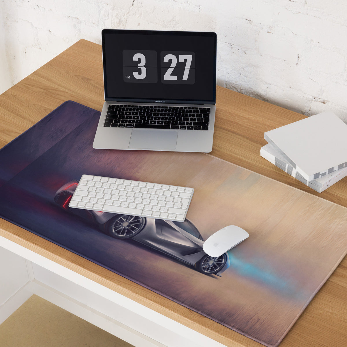Lotus Evija inspired electric silver low-friction cloth gaming mousepad with a futuristic sports car graphic