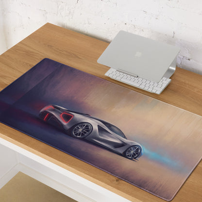 Lotus evija inspired electric silver desk mat featuring a sleek dark gray sports car with glowing red taillights and blue flames