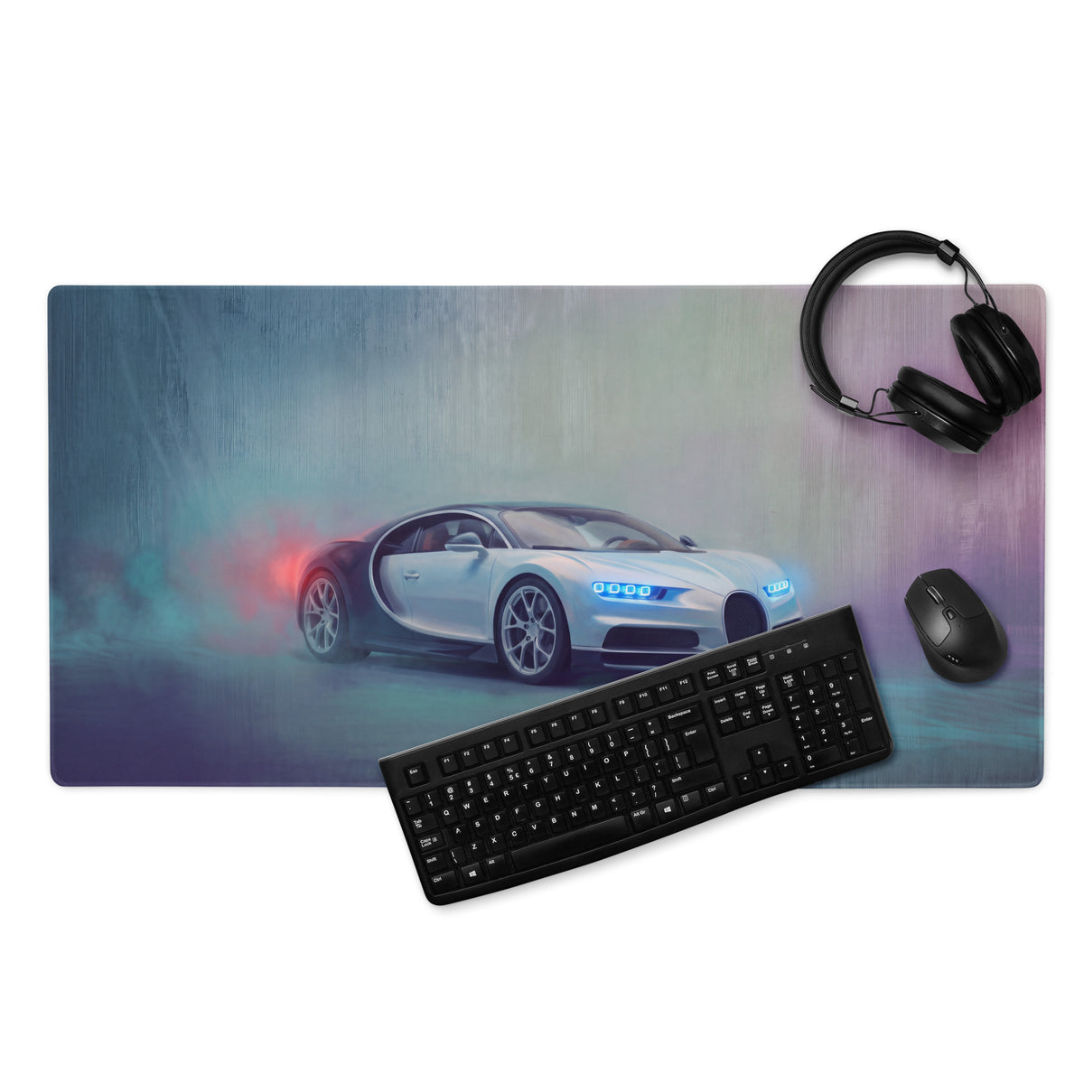 A sleek rectangular gaming mousepad with stitched edges featuring a white Bugatti Chiron and blue glowing headlights