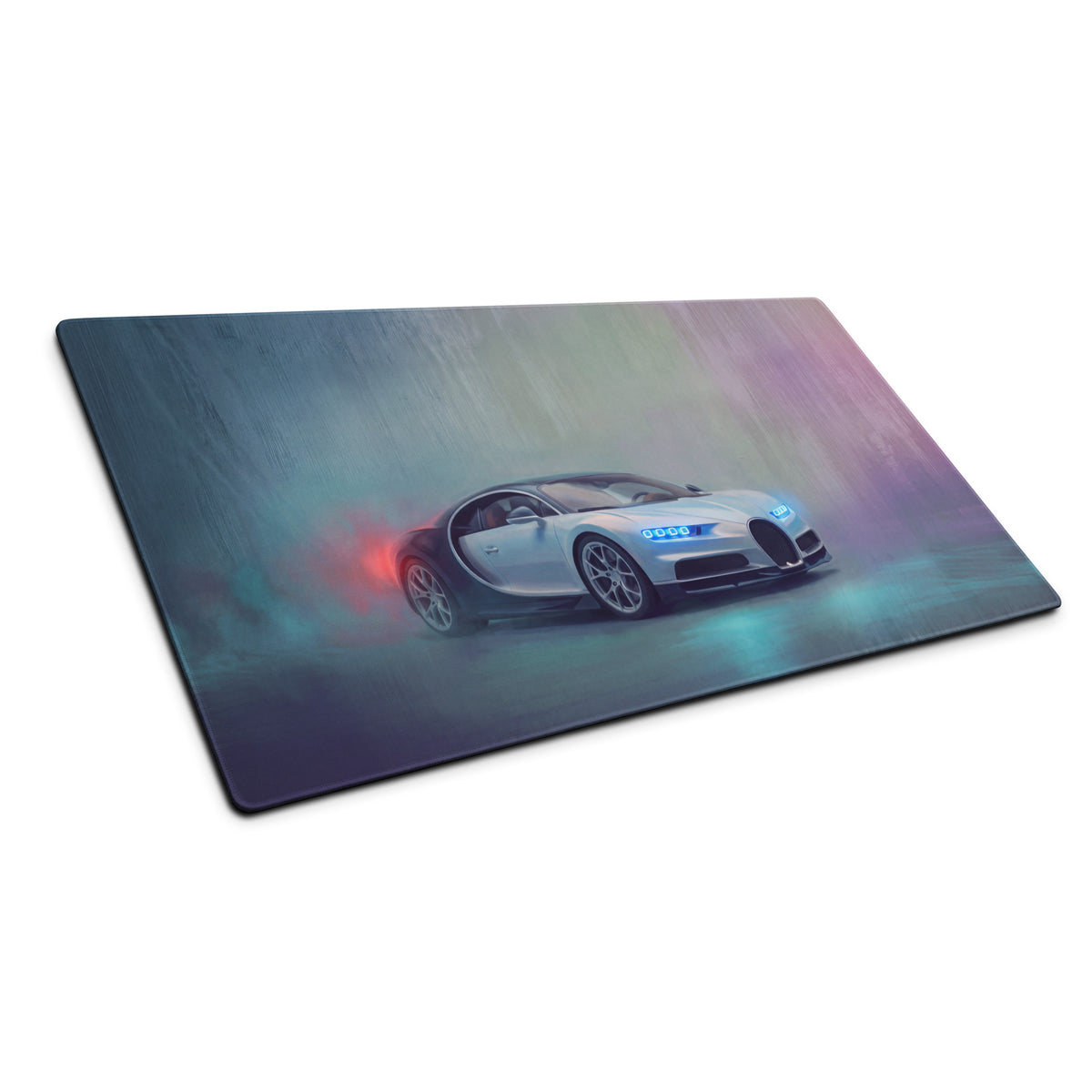 A sleek bugatti chiron inspired glacier blue desk pad with stitched edge and vibrant digital car illustration