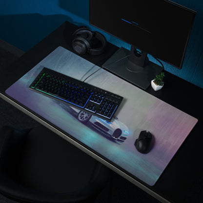 Bugatti Chiron inspired glacier blue gaming mousepad with ultra glide stitched edge and illuminated white sports car design