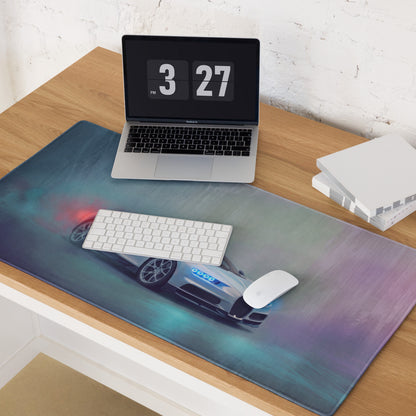 A sleek rectangular bugatti chiron inspired glacier blue gaming mousepad with vibrant futuristic silver sports car design