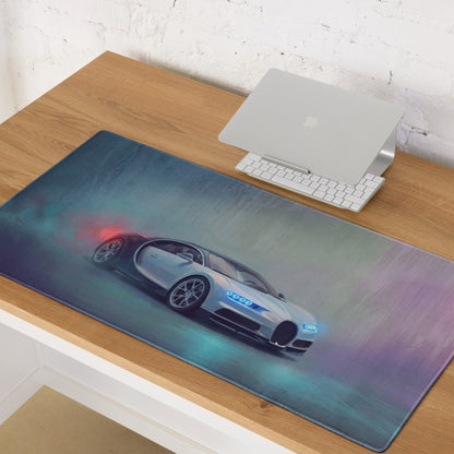 Bugatti chiron inspired glacier blue desk pad featuring a sleek rectangular gaming mousepad with vibrant car illustration