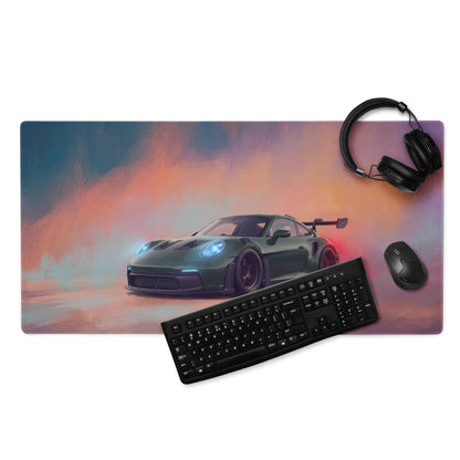 Green porsche 911 gt3 racing car graphic on an irish green extended non-slip gaming mousepad with vibrant sky background