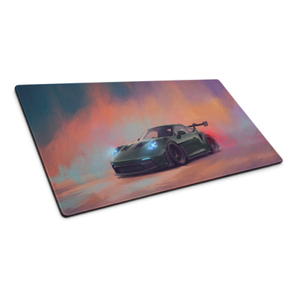 Rectangular extended non-slip gaming mousepad featuring a dark green Porsche 911 GT3 RS with glowing blue headlights