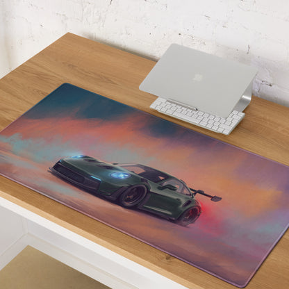 A sleek dark green Porsche 911 GT3 RS inspired Irish green extended non-slip desk pad with orange purple sky design