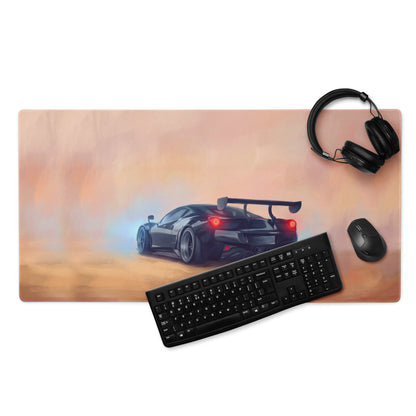 Black racing car graphic on xl high-precision gaming mousepad with orange and pink gradient inspired by McLaren Senna