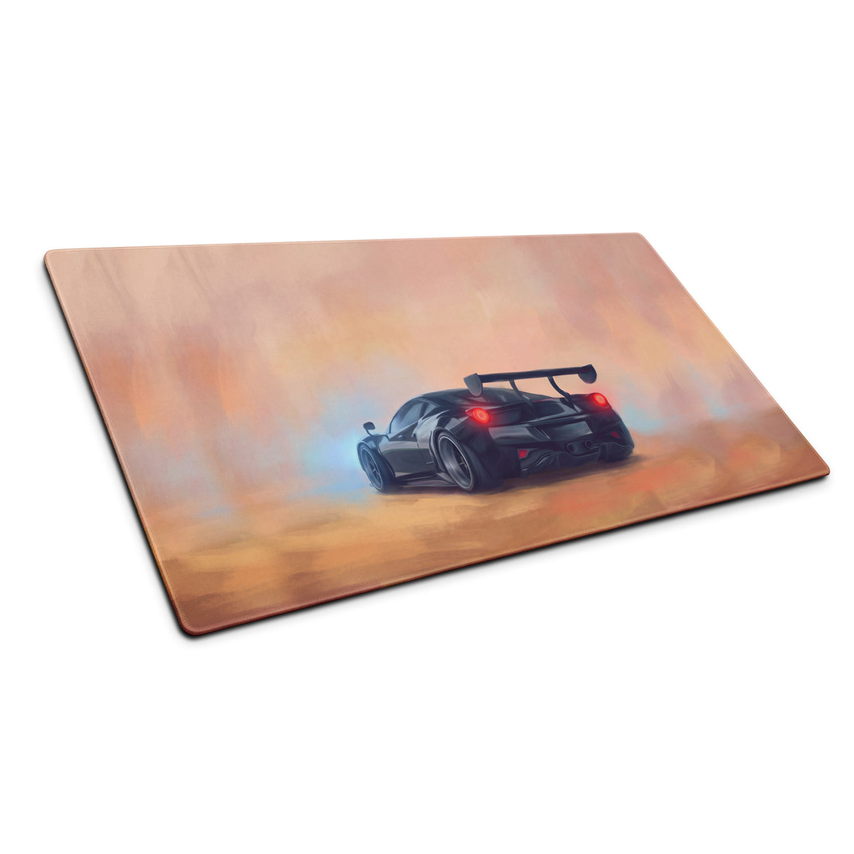 Rectangular high-precision xl gaming mousepad with black mclaren senna inspired sports car on papaya sunset background