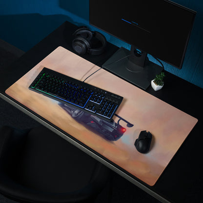 A sleek rectangular xl gaming mousepad with a vibrant mclaren senna inspired black sports car graphic and warm desert tones