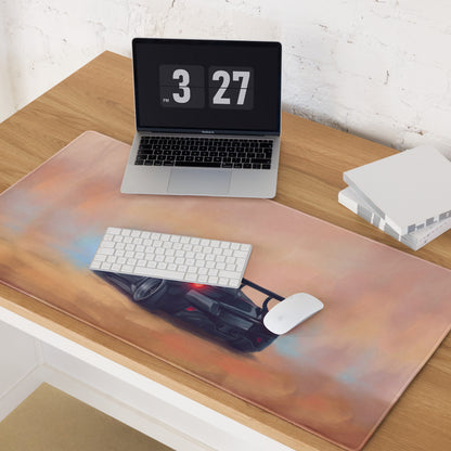 Rectangular high-precision xl gaming mousepad with a black mclaren senna racing car on an orange and pink gradient background