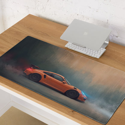 Rectangular low-friction cloth mousepad with orange porsche 911 gt3 rs sports car graphic for desk setup