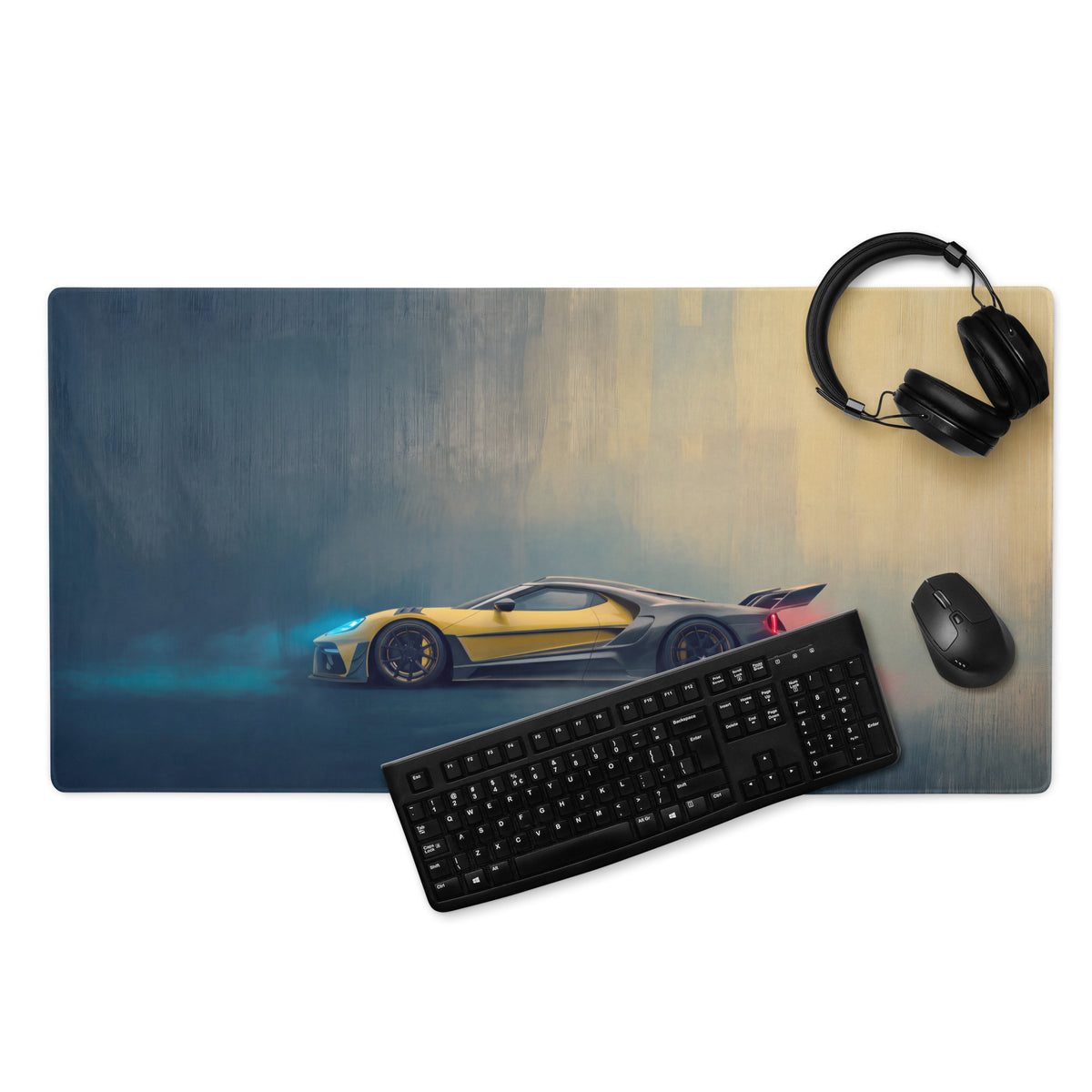 Ford gt inspired speed yellow desk mat rectangular gaming mousepad with vibrant sports car design and glowing accents