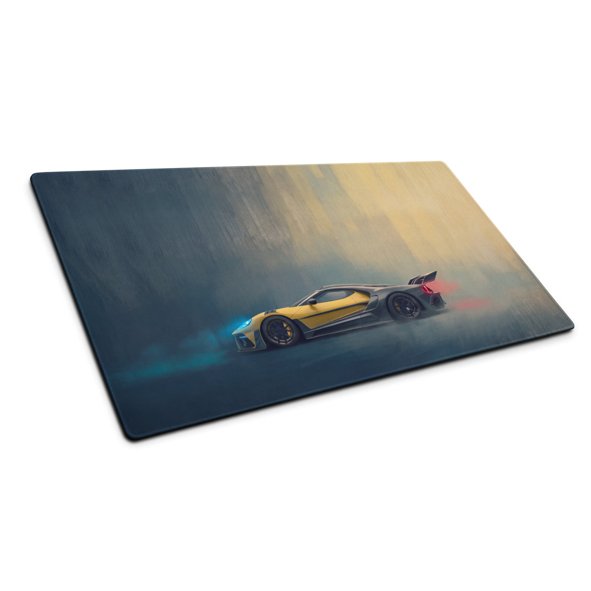 Rectangular xl gaming mousepad with vibrant yellow ford gt sports car and glowing blue red accents on gradient background