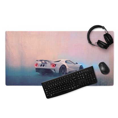 A rectangular ford gt inspired pure white gaming mousepad with glowing red taillights on a pink and blue gradient background
