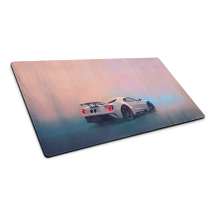 Ford GT inspired pure white desk pad featuring a white Ford GT graphic on a gradient pink and blue ultraglide mouse mat