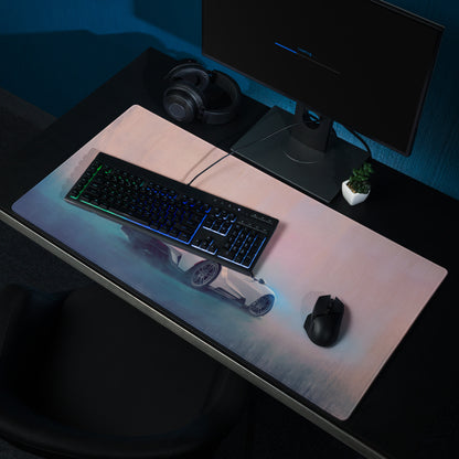 A sleek rectangular ford gt inspired pure white desk pad with glossy sports car design and blue lighting accents for gaming
