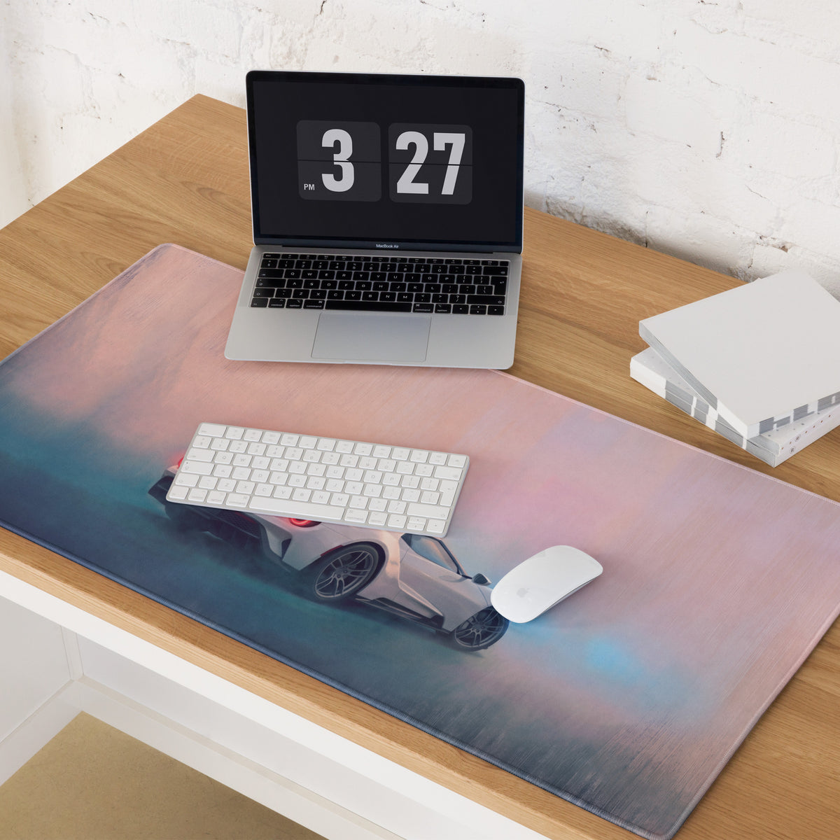 Ford gt inspired pure white desk pad gaming mouse mat with ultra glide stitched edge and pink blue gradient design