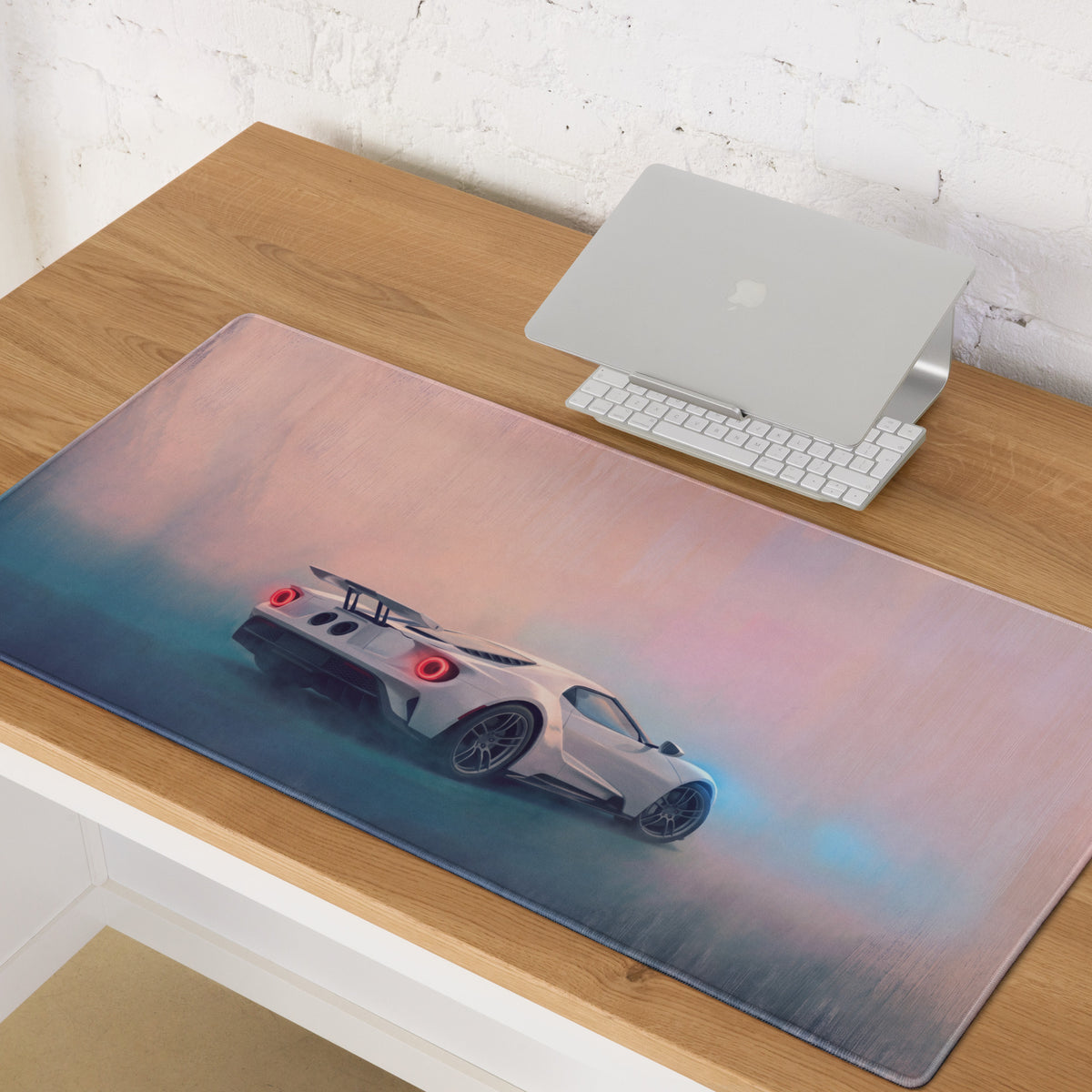 Ford gt inspired pure white desk pad featuring a sleek gaming mouse mat with a vibrant white sports car design