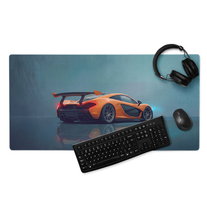 Orange mclaren sports car graphic printed on a volcano orange low-friction cloth gaming mousepad desk mat