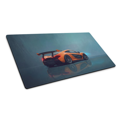 Sleek rectangular mousepad with low-friction cloth surface featuring orange mclaren p1 graphic on dark blue teal gradient