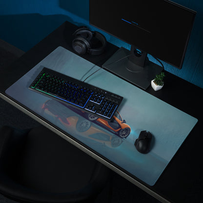 A sleek translucent low-friction cloth gaming mousepad with vibrant orange and black McLaren P1 sports car design