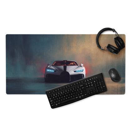 A sleek rectangular bugatti chiron inspired pearl white desk pad with glowing blue headlights and non slip surface
