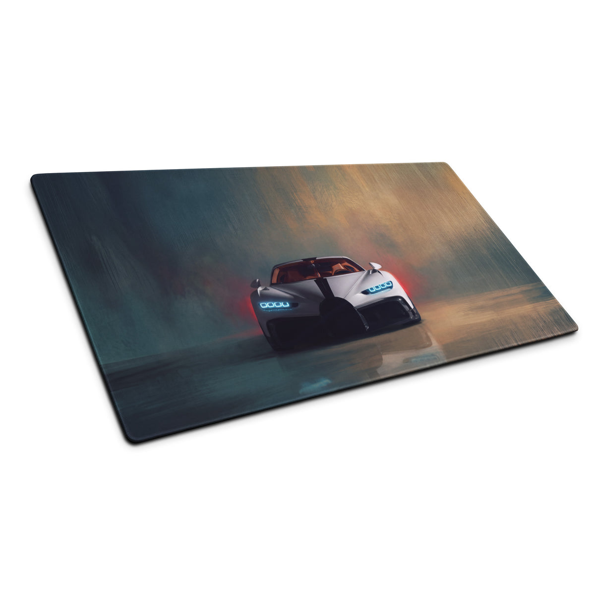 White and black Bugatti Chiron graphic printed on pearl white extended non-slip desk pad for PC mouse use