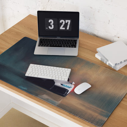 A sleek pearl white bugatti chiron inspired extended non slip desk pad with a futuristic white and blue hovercraft design