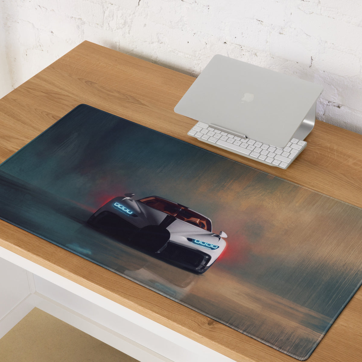 Bugatti chiron inspired pearl white extended desk pad with non slip surface features a white and black bugatti chiron design
