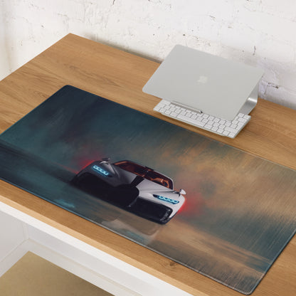 Bugatti chiron inspired pearl white extended desk pad with non slip surface features a white and black bugatti chiron design