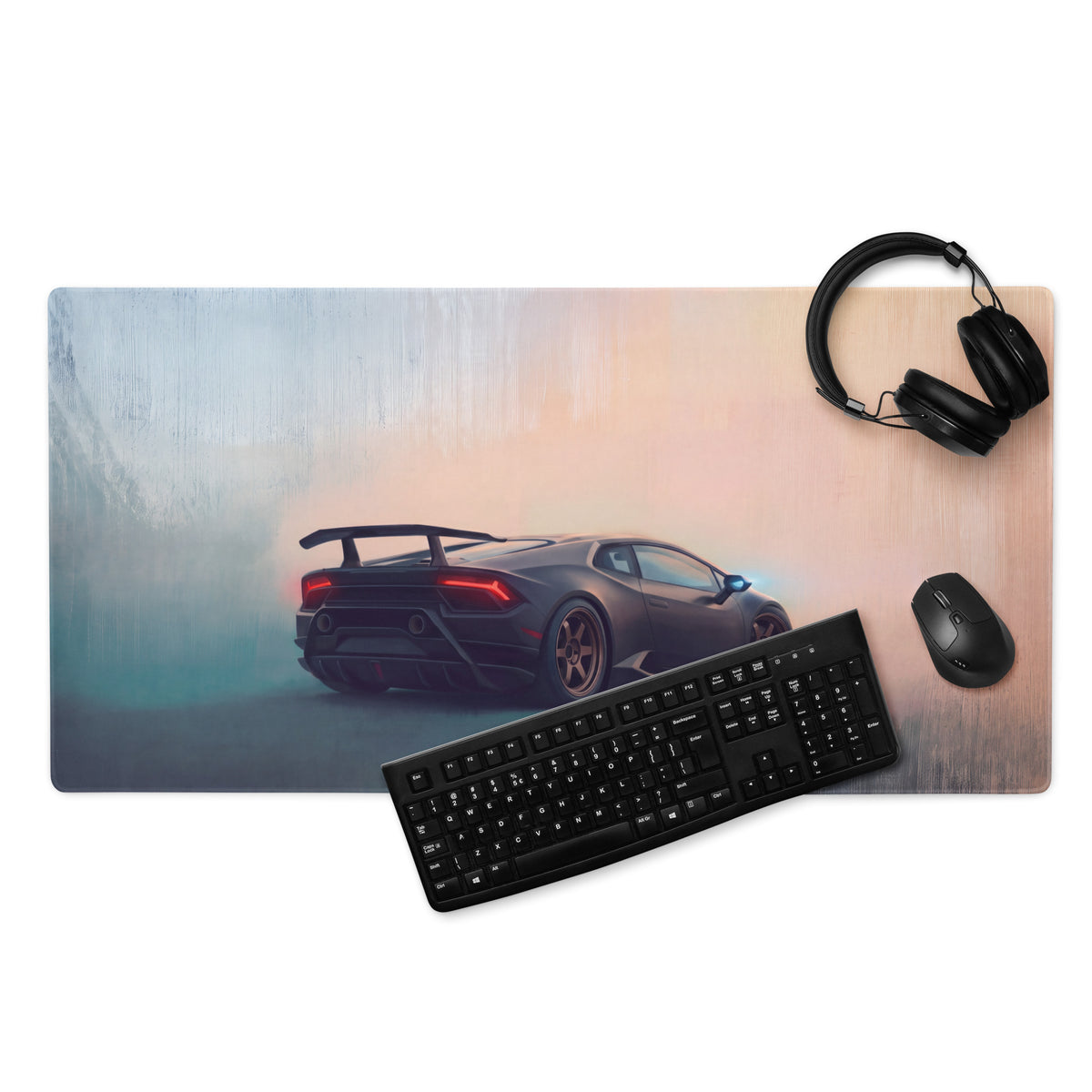 Lamborghini huracán inspired stealth bronze desk mat with black lamborghini huracán graphic for high-precision gaming