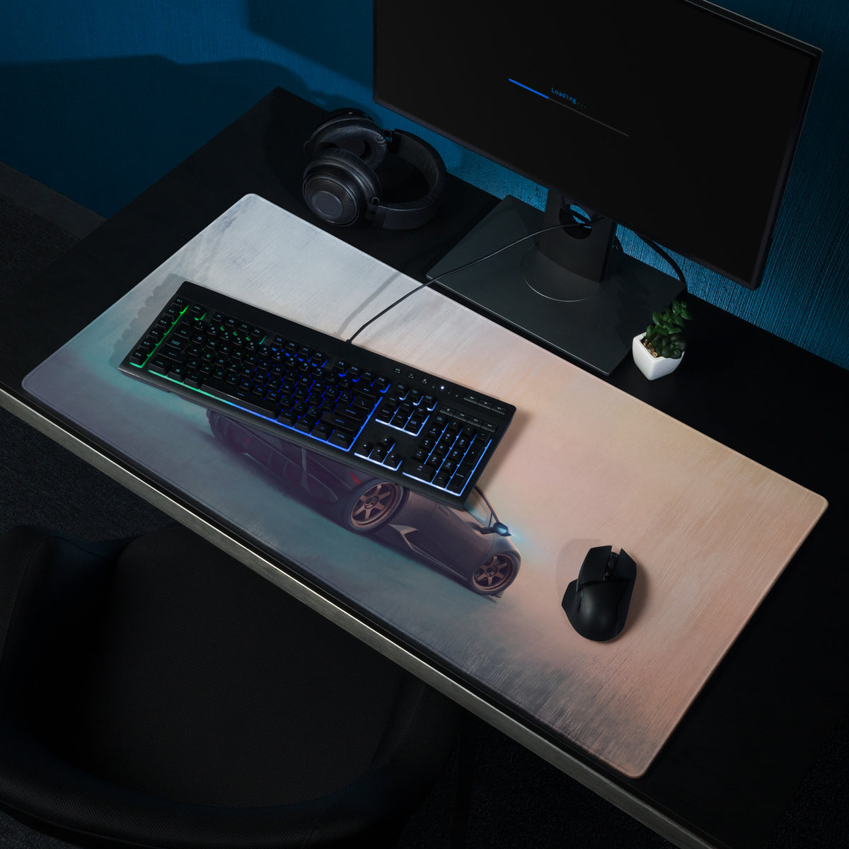 A sleek rectangular high-precision xl gaming mousepad with glossy finish and illuminated dark purple lamborghini huracán graphic