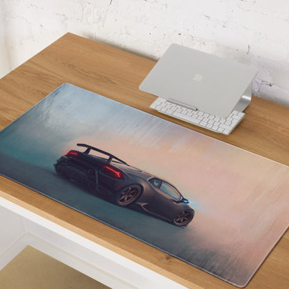 A sleek dark gray lamborghini huracán graphic on a stealth bronze xl gaming mousepad with a subtle gradient background