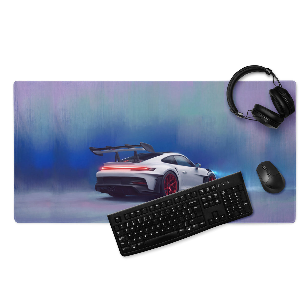 A rectangular ultra-glide gaming mousepad with stitched edges featuring a white Porsche 911 GT3 with red wheels on blue purple background