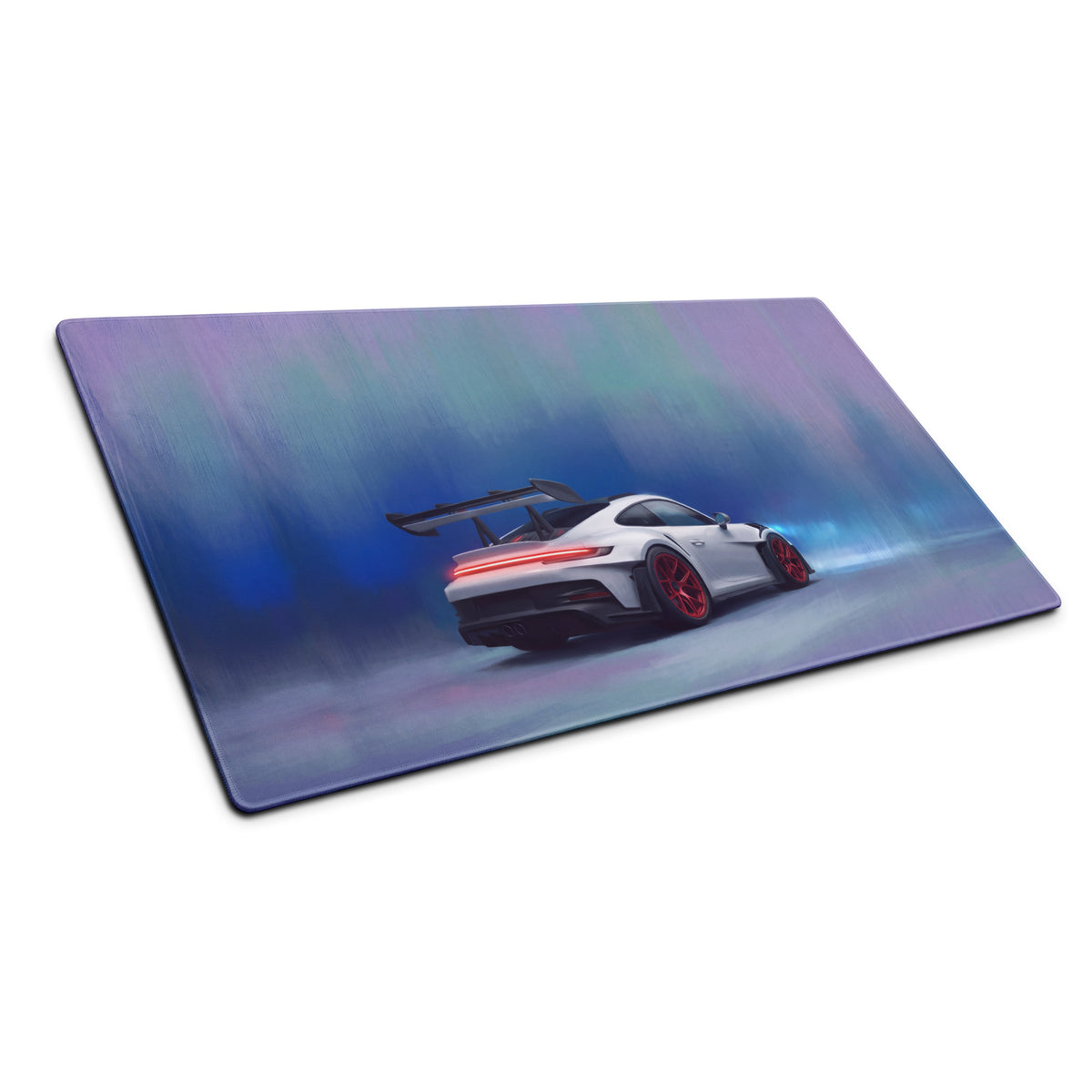 A sleek rectangular gaming mousepad with stitched edges featuring a white Porsche 911 GT3 RS with red rims
