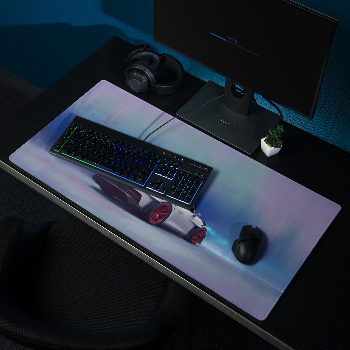 A sleek rectangular ultra-glide gaming mousepad with purple blue gradient and illuminated white futuristic sports car graphic