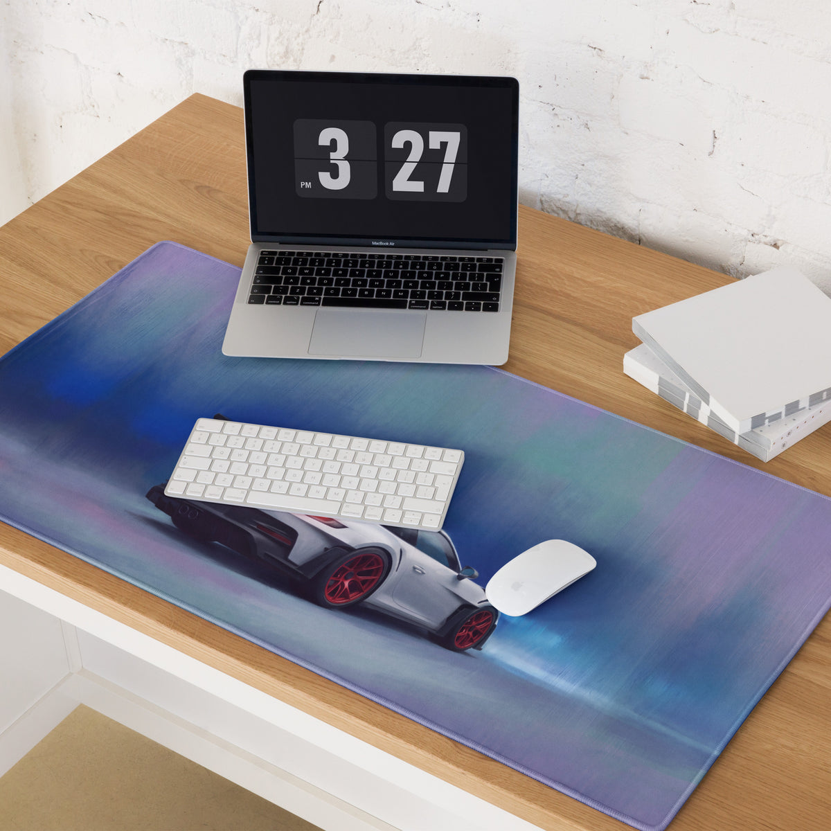 Porsche 911 gt3 rs inspired red accent desk pad with blue and purple gradient and white sports car graphic gaming mouse mat