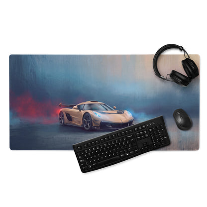 A sleek tan Koenigsegg Jesko inspired champagne gold low-friction cloth gaming mousepad with smoky blue and red hues
