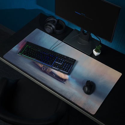 A sleek koenigsegg jesko inspired champagne gold desk mat with low-friction cloth and a blue gray abstract design