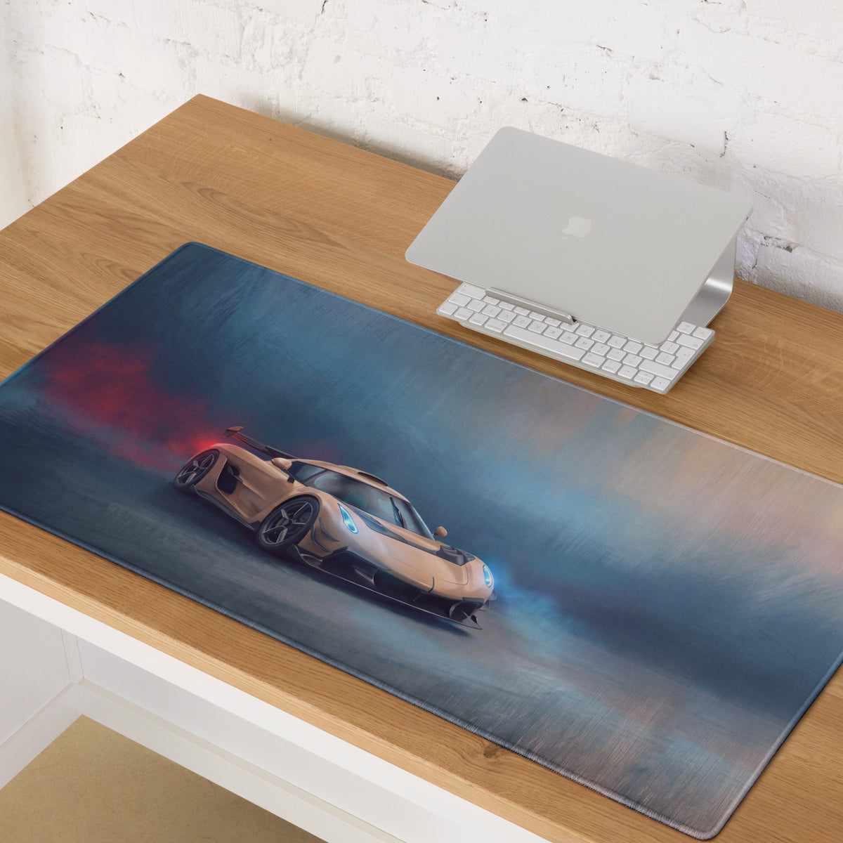 Koenigsegg Jesko inspired champagne gold low-friction cloth gaming mousepad with tan sports car drifting design