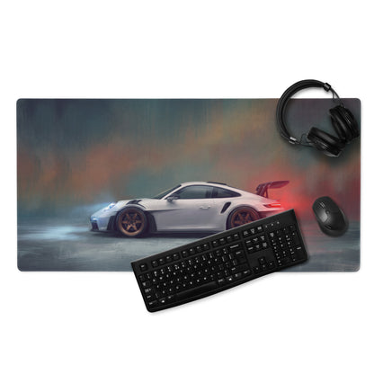 White porsche 911 gt3 rs inspired chalk desk pad with sports car graphic black keyboard and mouse on non slip surface