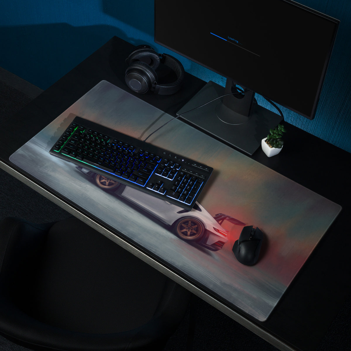 A sleek rectangular Porsche 911 GT3 RS inspired chalk white extended non-slip gaming mousepad with a white sports car graphic