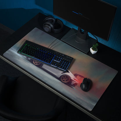 A sleek rectangular Porsche 911 GT3 RS inspired chalk white extended non-slip gaming mousepad with a white sports car graphic