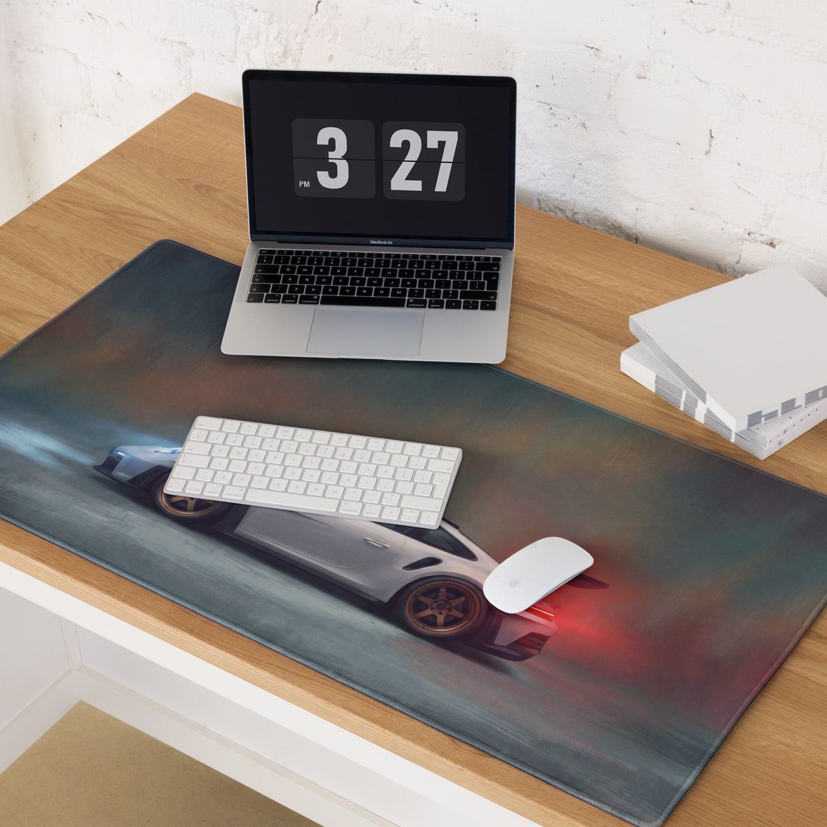 Porsche 911 GT3 RS inspired chalk white extended non slip gaming mousepad with silver sports car and red taillights design