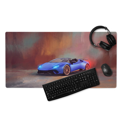 Blue Lamborghini huracán convertible sports car graphic printed on stitched edge ultra-glide gaming mousepad