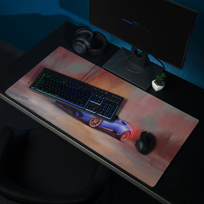 A rectangular ultra-glide stitched edge gaming mousepad featuring a vibrant blue lamborghini huracan spyder with glowing orange wheels
