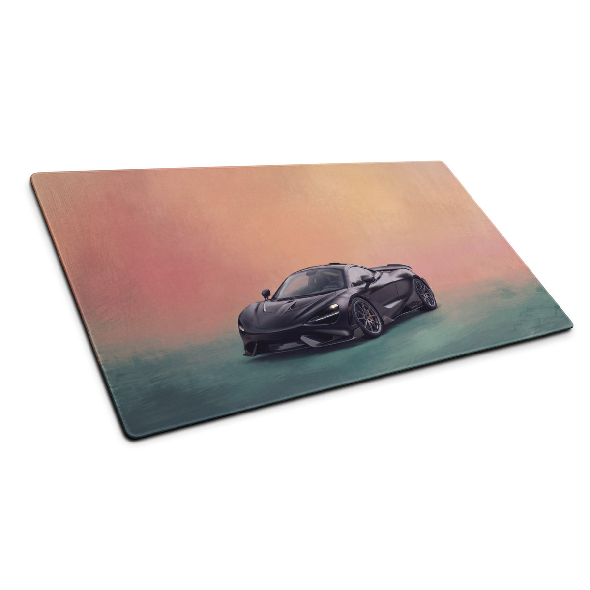 Black McLaren 720s sports car illustration on a glossy rectangular stealth onyx cloth desk mat mousepad