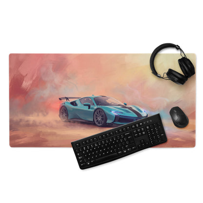 A rectangular turquoise and black ferrari sf90 xx inspired gaming mousepad with a vibrant sports car design