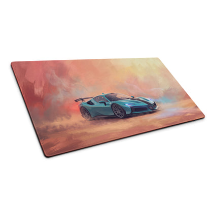 Teal sports car illustration on a glossy rectangular ferrari sf90 xx inspired turquoise apex desk pad non slip mouse mat