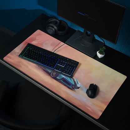 A sleek rectangular ferrari SF90 XX inspired turquoise apex desk pad with vibrant peach orange gradient and teal sports car design